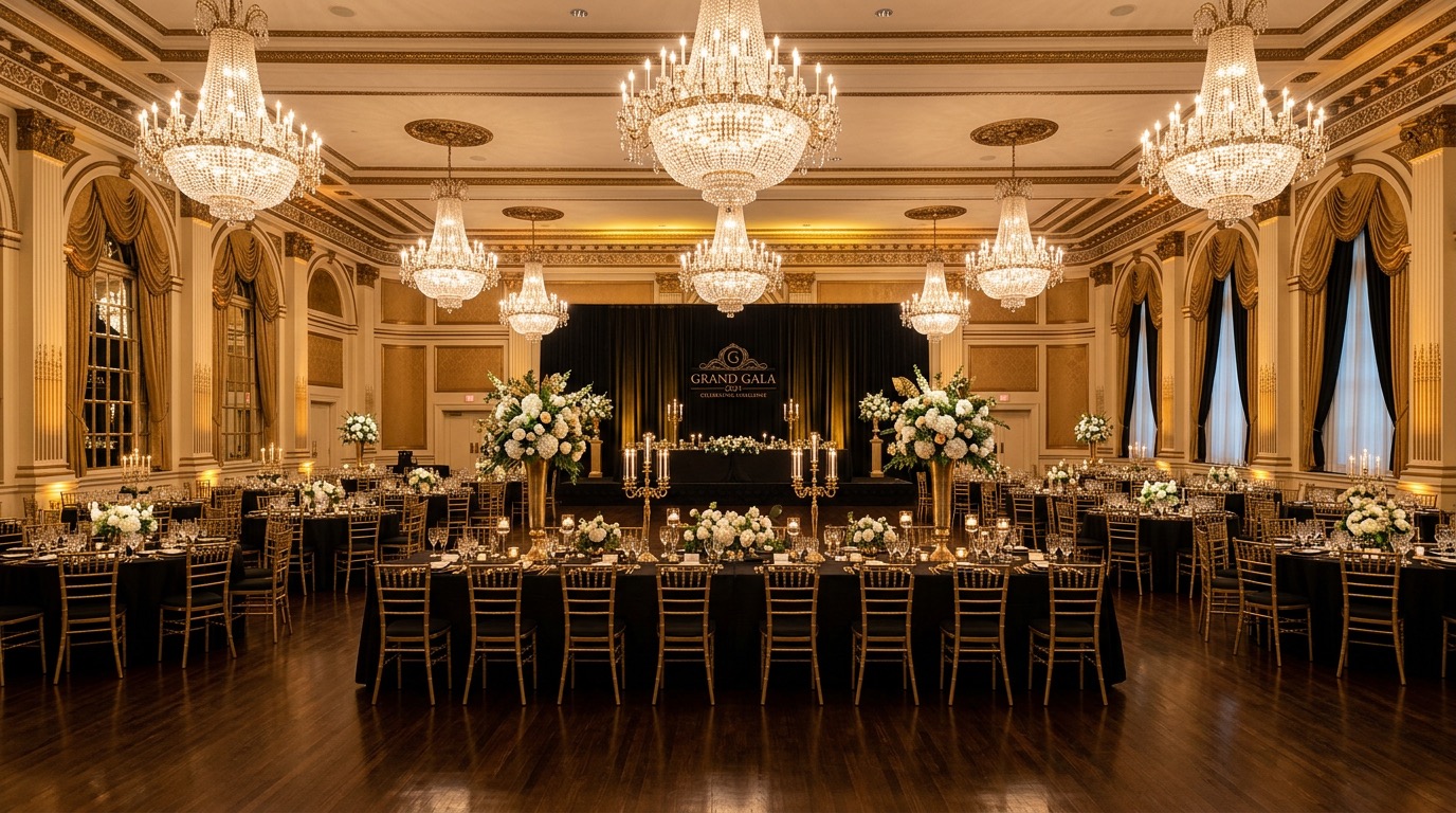 Wieczór galowy — elegancko nakryte stoły i florystyka