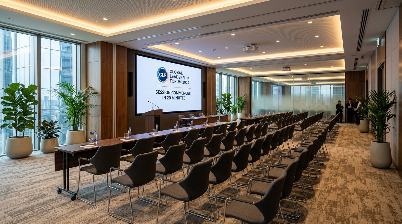 Sala konferencyjna z ekranem i gośćmi — event firmowy